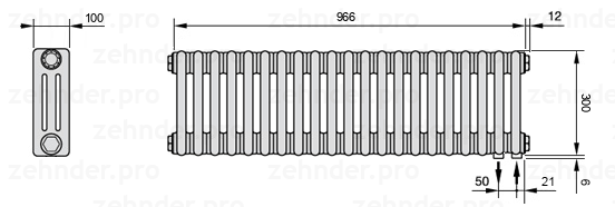 Схема (чертеж) Радиатор Zehnder Charleston 3030/21 №5510 Белый глянцевый RAL 9016